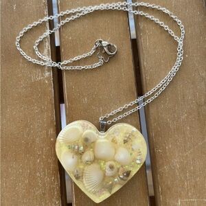 Seashell Shell Large Heart Glitter Sparkle Resin Necklace Silver Chain Handmade